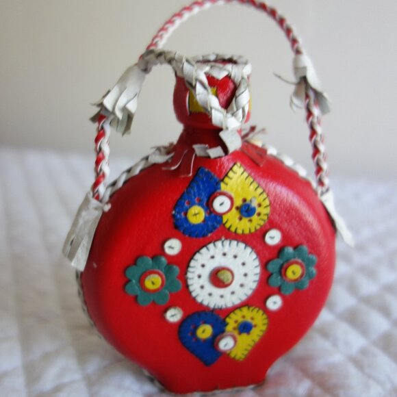 Vtg Folk Art Leather Wrapped Glass Bottle / Flask / Canteen - Picture 1 of 5